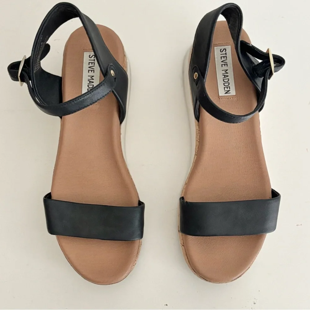 Steve Madden Rosalita Stacked Cork Platform Leather Sandals, Black, 8
